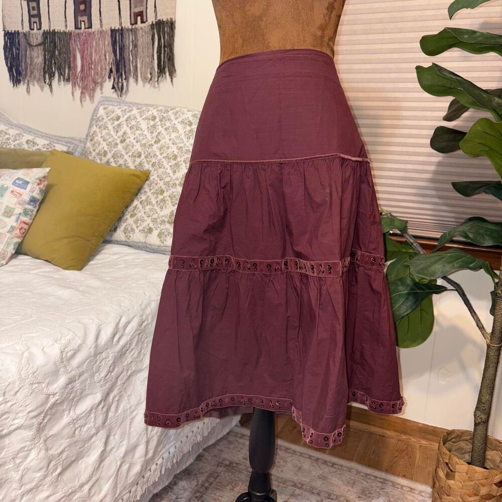 Vintage Y2K 100% Cotton Cottage Boho Fairy Festival Burgundy Midi Skirt